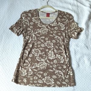 Brown/Cream Floral Tshirt with Cute Glitter Collar Detail & Waist Ruching